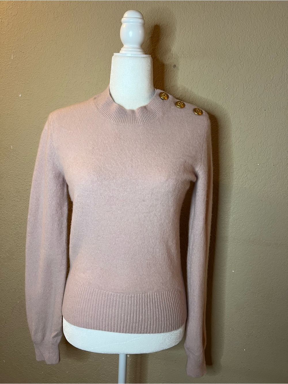Tory Burch Blush Pink Crewneck Sweater with Gold Shoulder Buttons